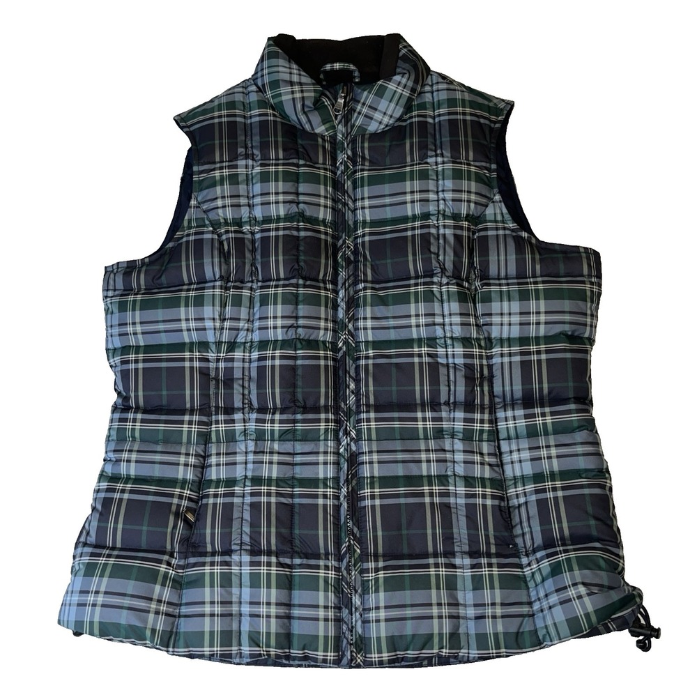 Eddie Bauer Womens Medium Goose Down Puff Vest Jacket Blue Plaid Quilted